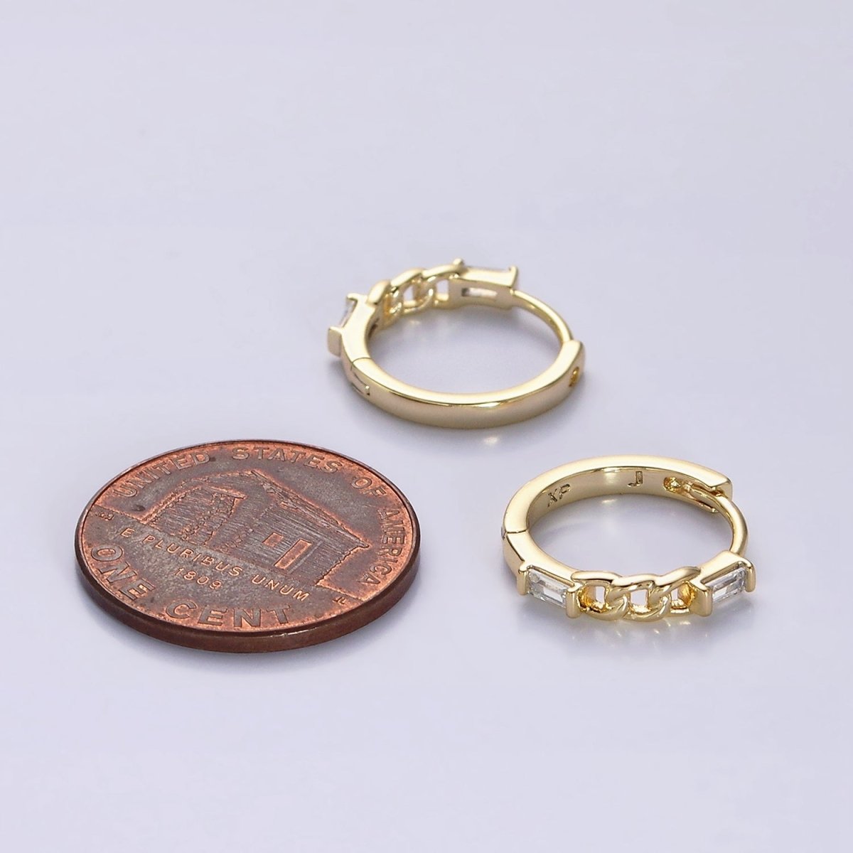 14K Gold Filled 14mm Double Baguette Curb Link Huggie Earrings | AE588