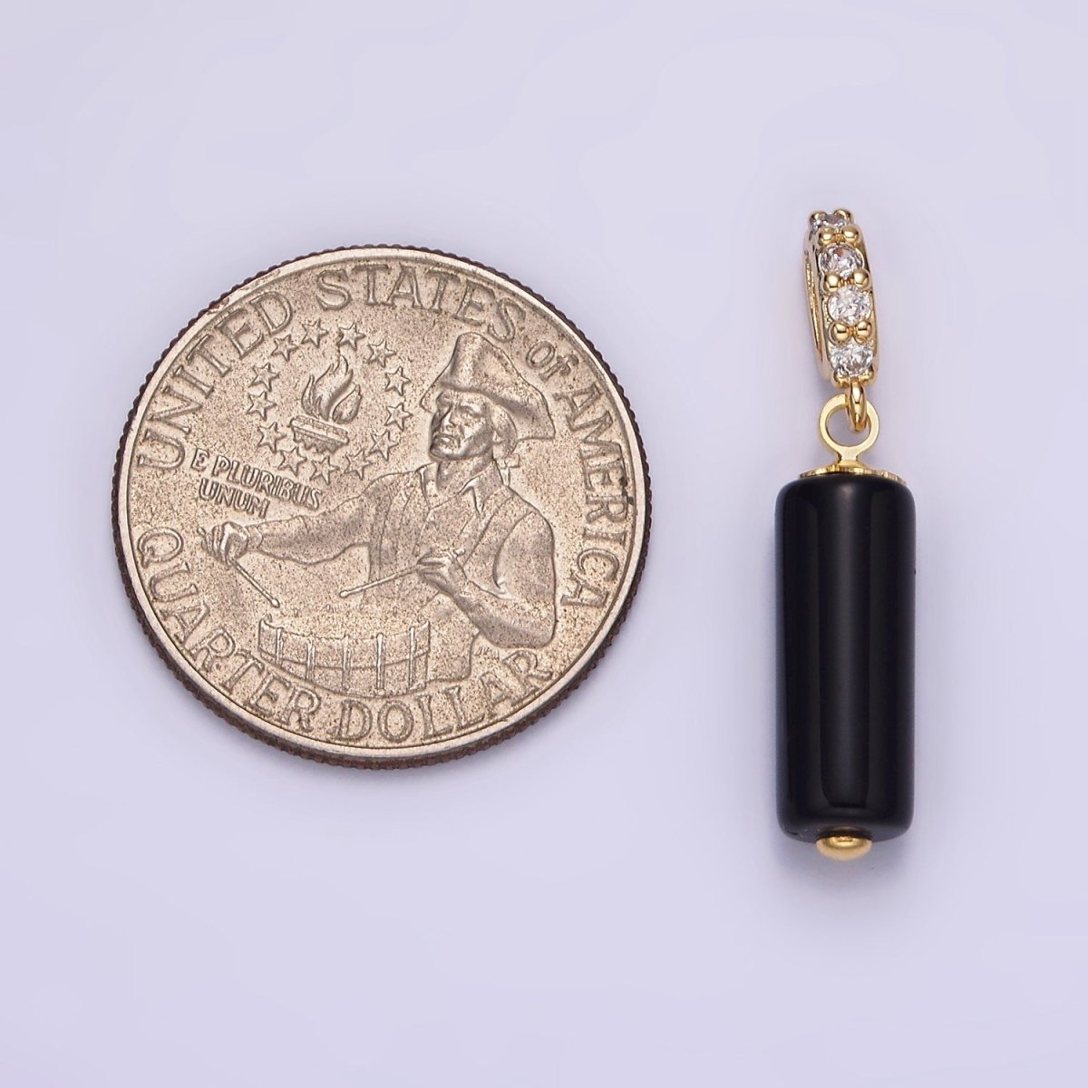 14K Gold Filled 15mm Black Onyx Gemstone Tube Clear Micro Paved CZ Bail Pendant | N1866