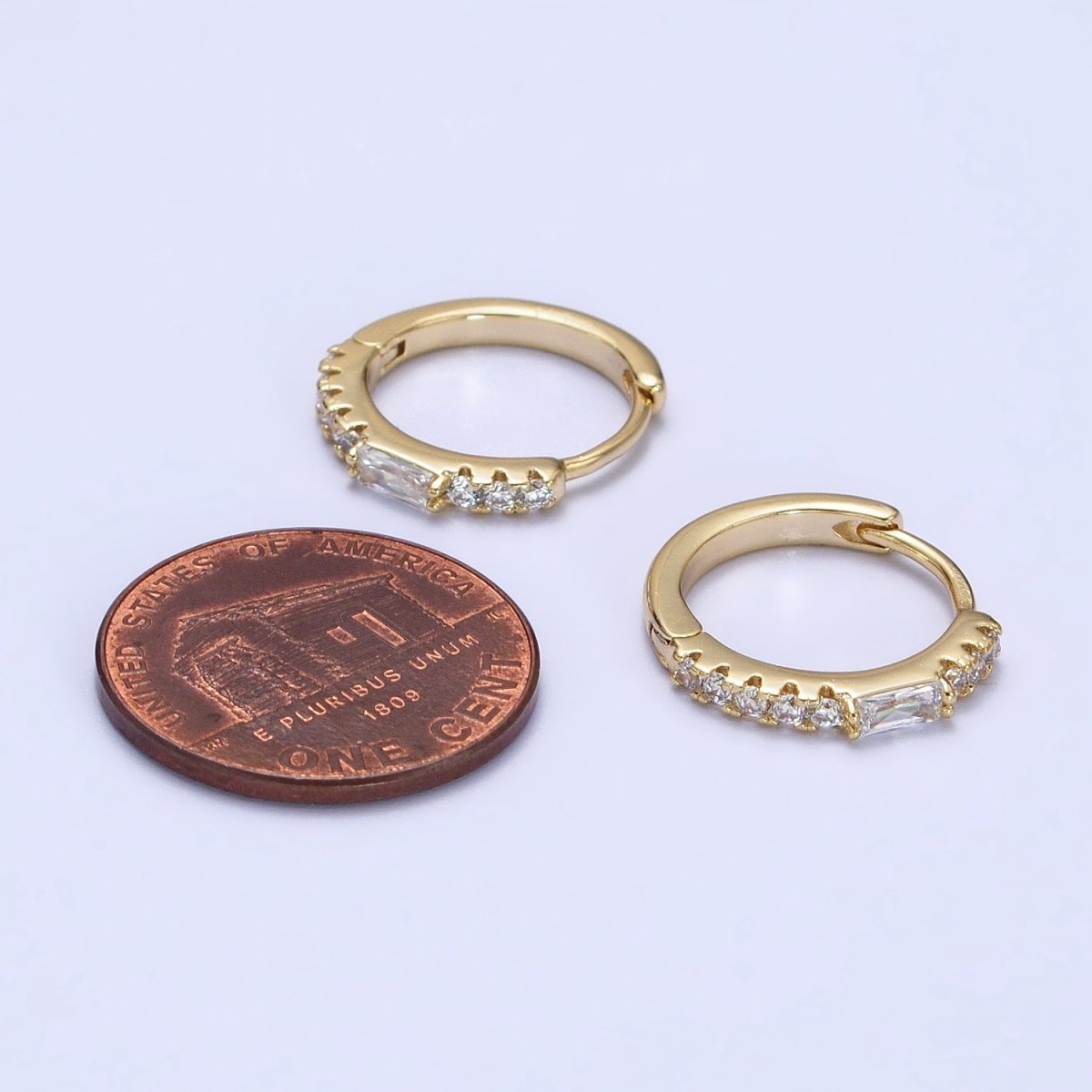 OS 14K Gold Filled 15mm Clear Baguette Micro Paved CZ Huggie Earrings | AB414