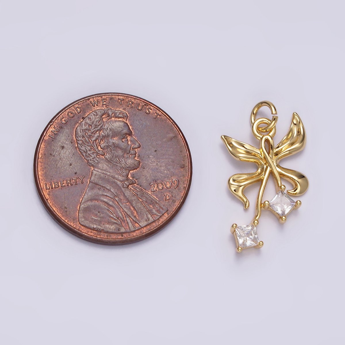 14K Gold Filled 19mm Butterfly Ribbon Double Clear CZ Rhombus Charm | N1487
