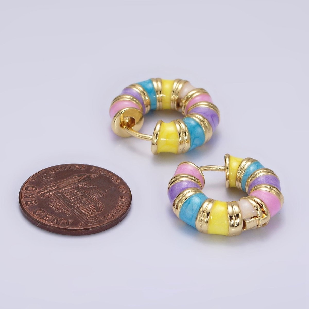 14K Gold Filled 19mm Multicolor Enamel Double Lined Chubby Huggie Earrings | V055