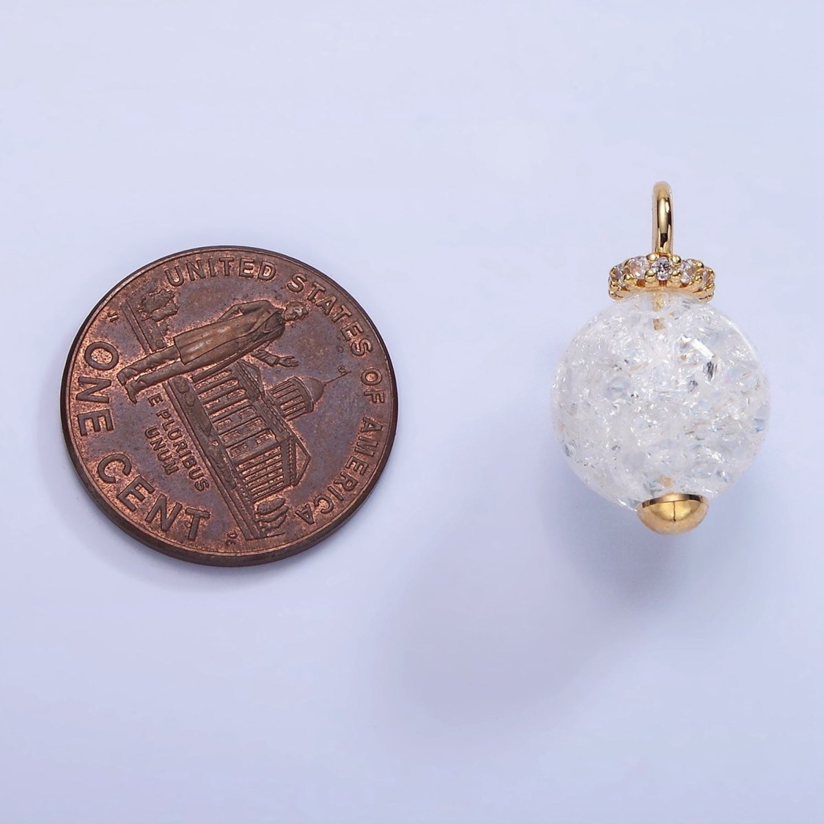 14K Gold Filled 20mm Clear Crystal Quartz Round Drop Micro Paved Pendant | AG621
