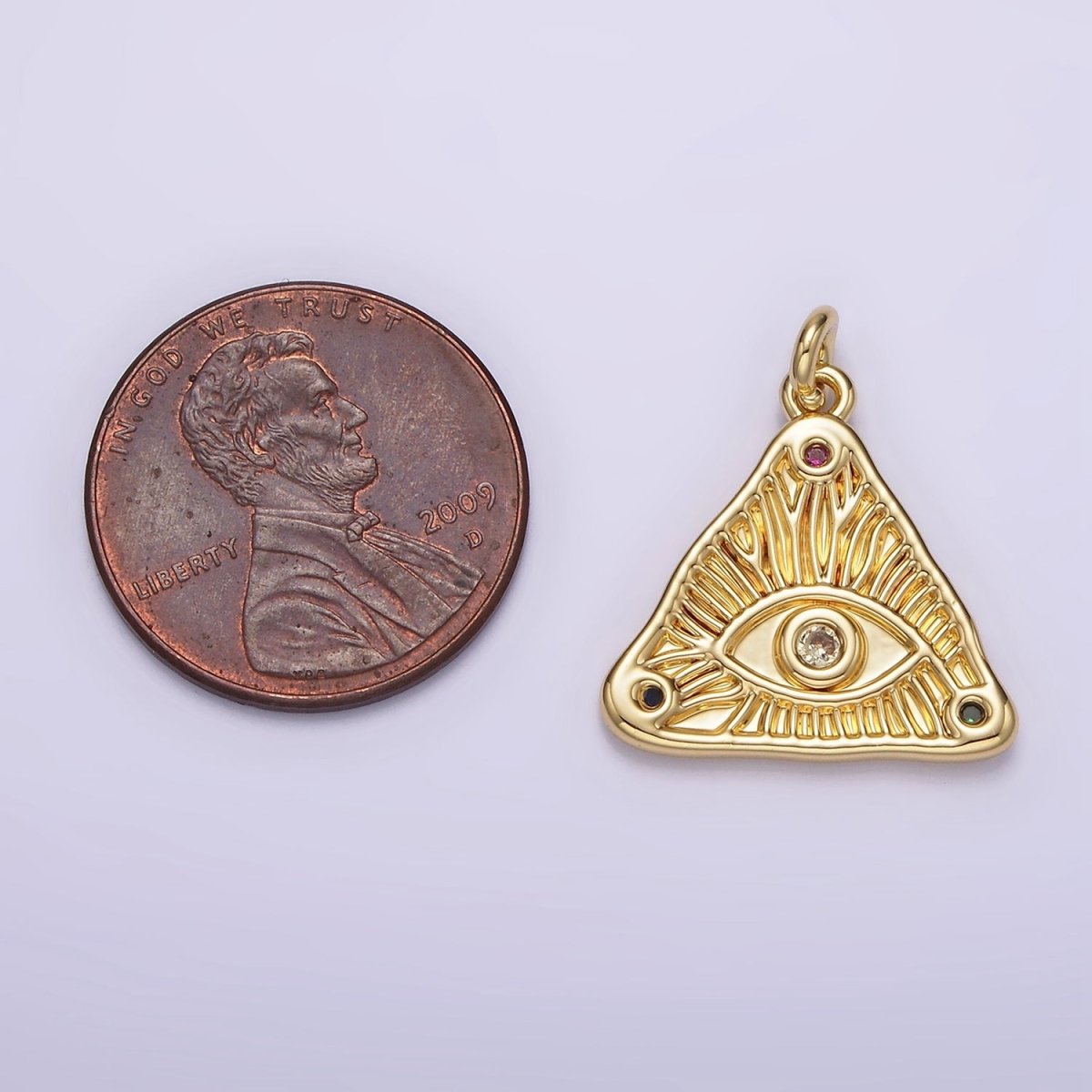 14K Gold Filled 20mm Clear, Multicolor Triple CZ Evil Eye Line-Textured Triangle Charm | AG301 AG302