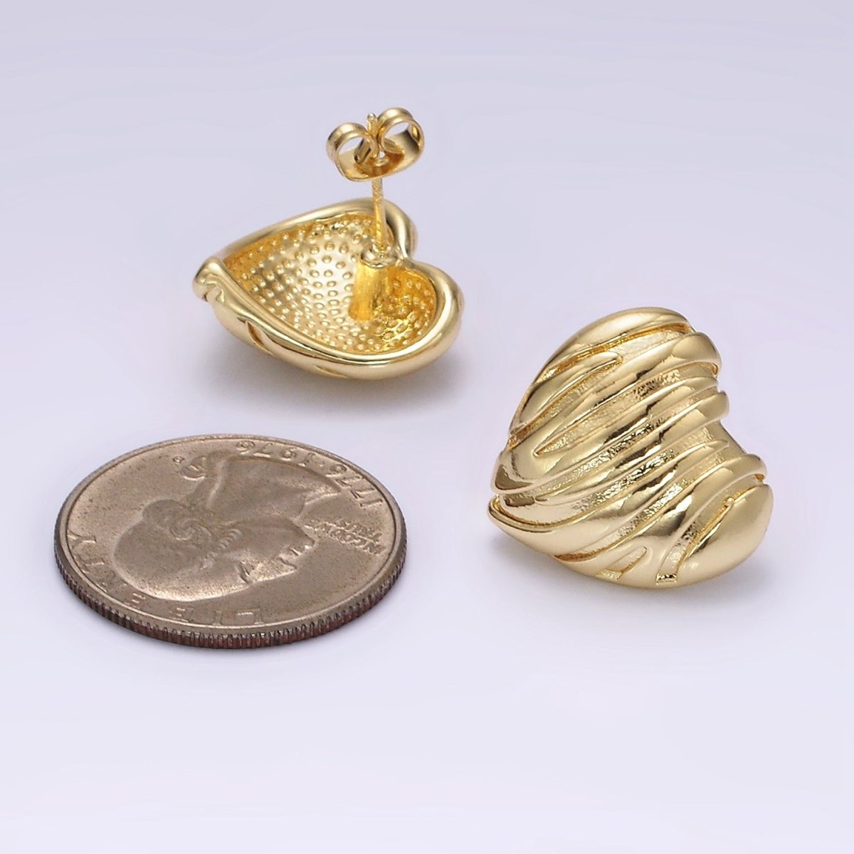 14K Gold Filled 20mm Curved Lined Textured Heart Stud Earrings | V456