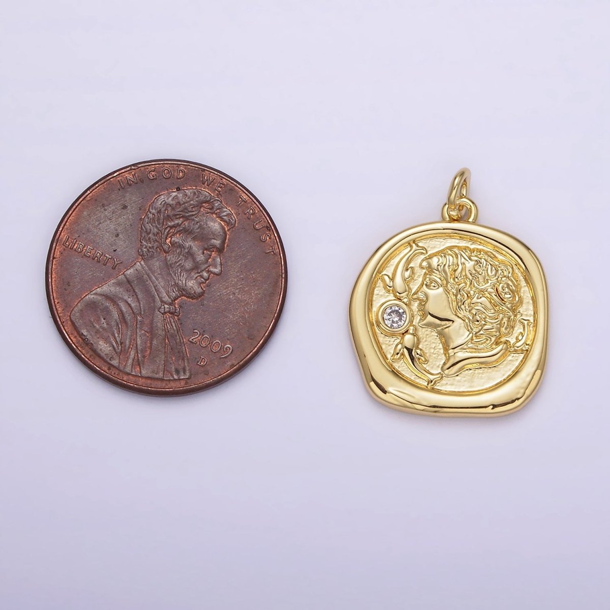 14K Gold Filled 20mm Double Fish Clear CZ Portrait Cameo Stamped Round Charm | AG306