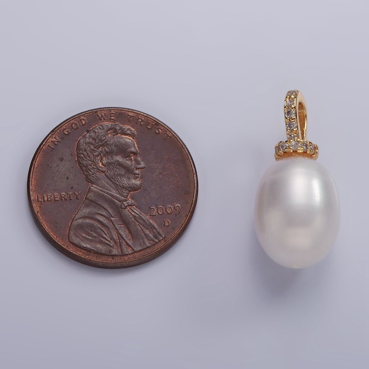 14K Gold Filled 20mm Freshwater Pearl Button Drop Micro Paved CZ Bail Pendant | P1628