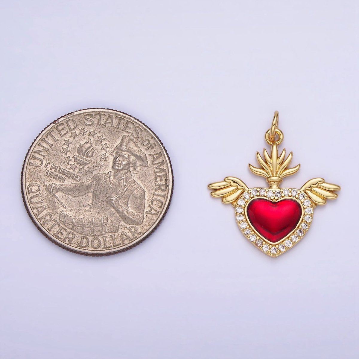 14K Gold Filled 20mm Micro Paved CZ Red Sacred Heart Feather Wings Charm | AG625