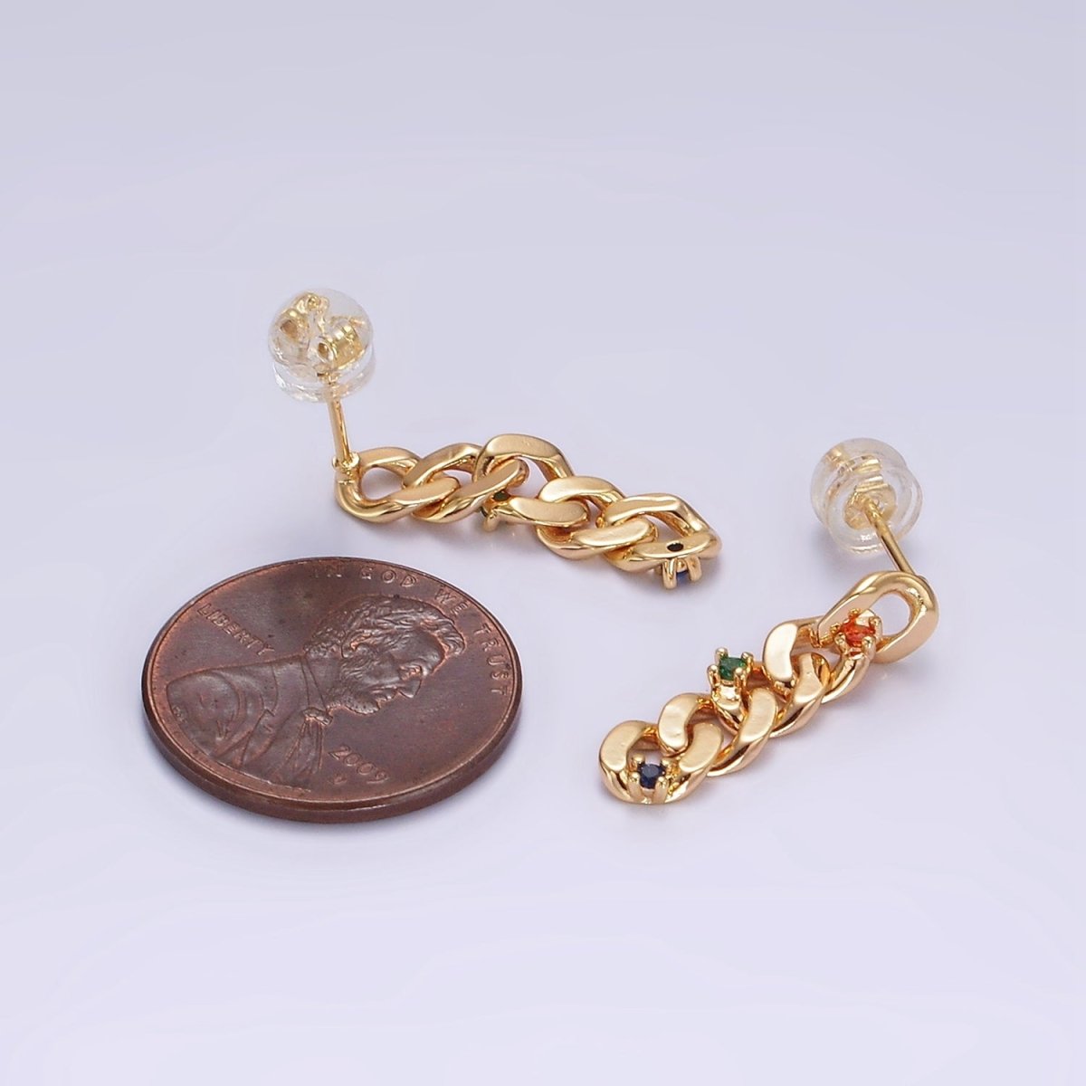 14K Gold Filled 21mm Multicolor CZ Curb Chain Link Drop Stud Earrings | AE909