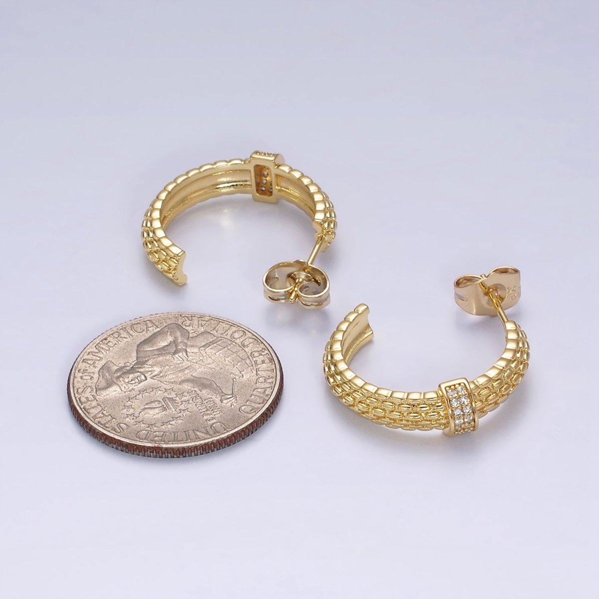 14K Gold Filled 23mm Sphere Textured Clear CZ Micro Paved Bar C-Shaped Hoop Earrings | AD-427