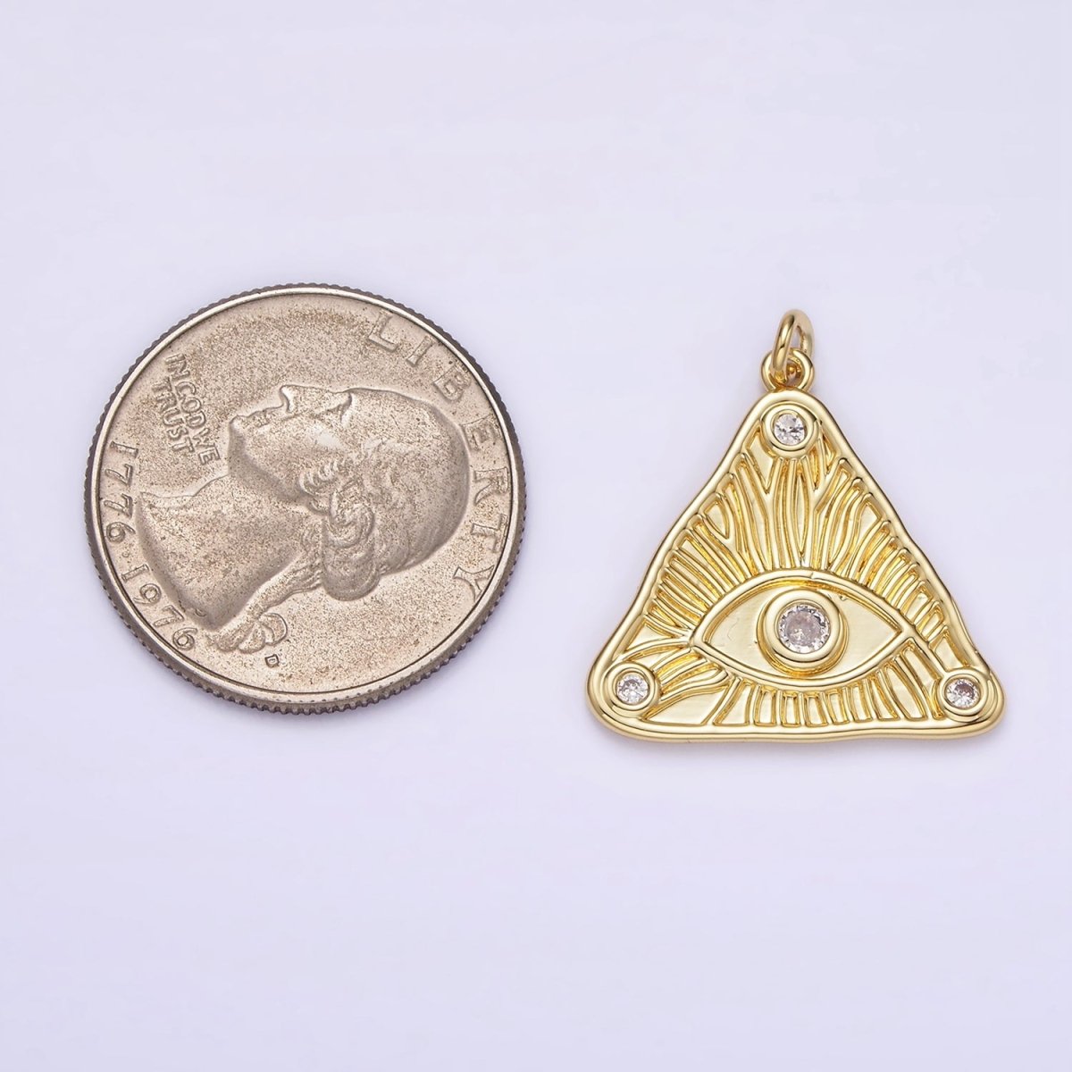 14K Gold Filled 24.5mm Clear Triple CZ Evil Eye Line-Textured Triangle Charm | AG265