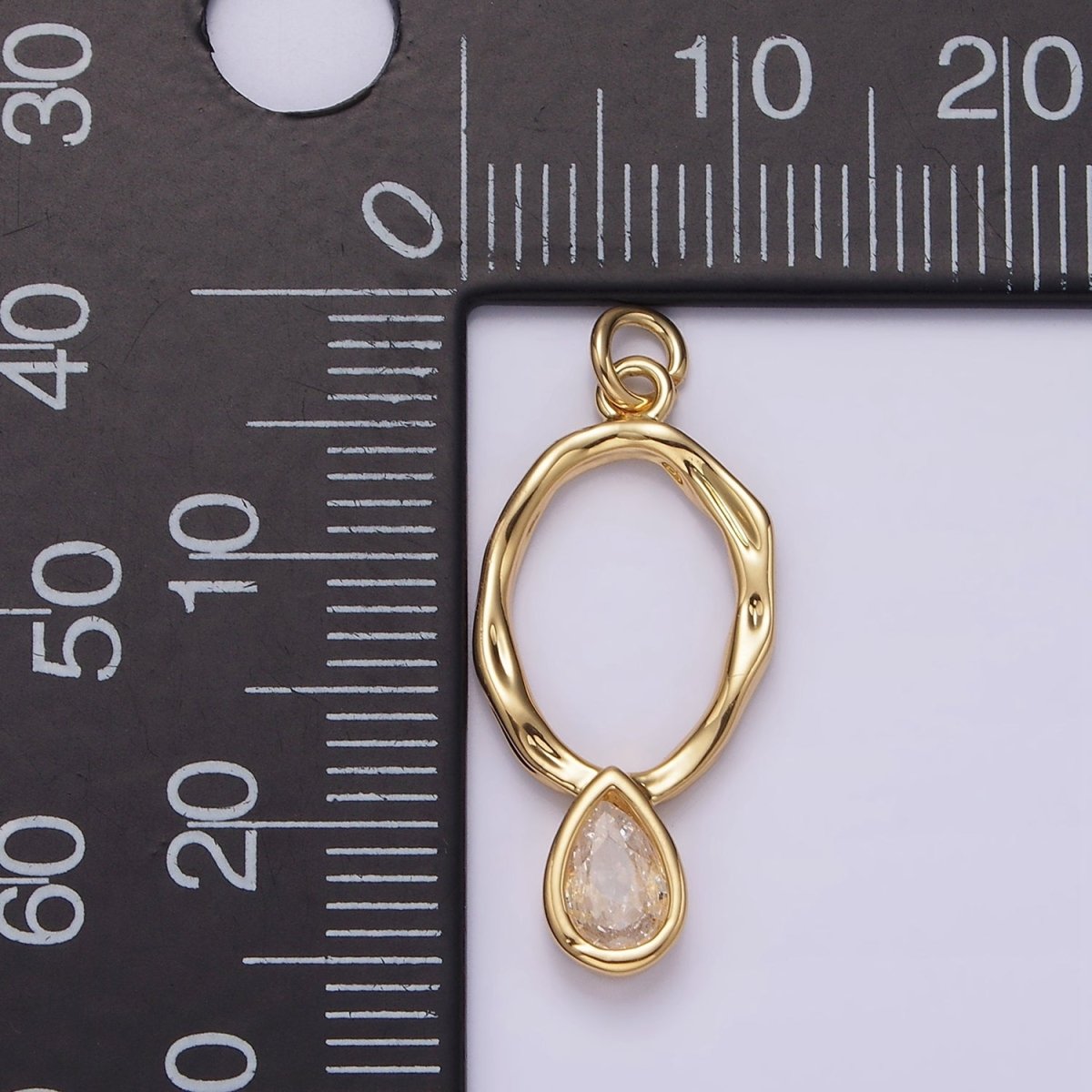 14K Gold Filled 25.5mm Open Dented Oblong Clear Teardrop CZ Drop Charm | AG280