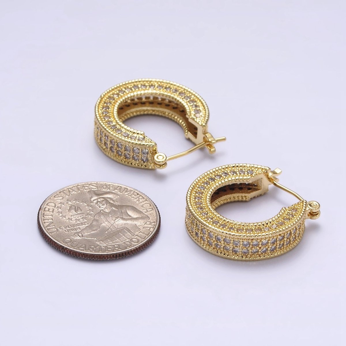 14K Gold Filled 25mm Clear CZ Lined Wide Hoop Latch Earrings in Gold & Silver | AE552 AE553
