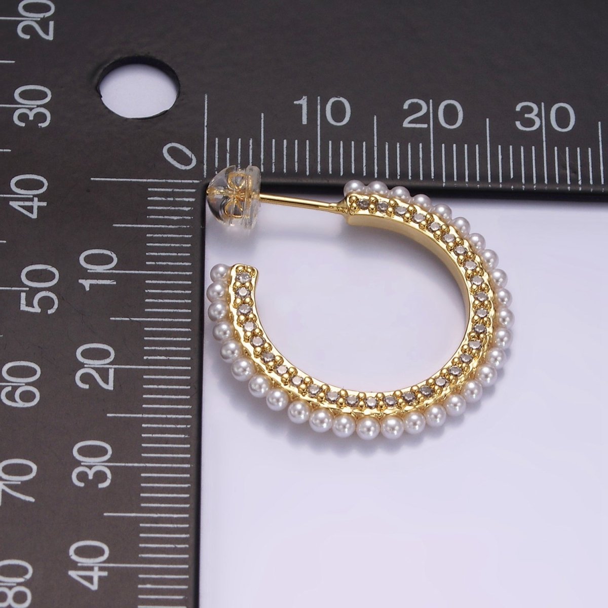 14K Gold Filled 25mm Micro Paved CZ Pearl Dotted C-Shaped Hoop Earrings | AE978
