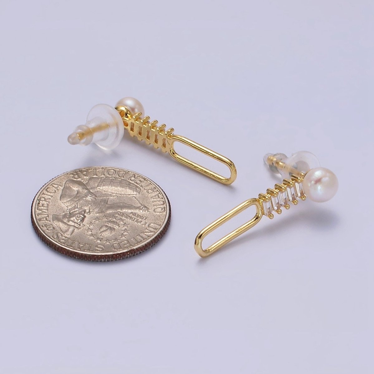 14K Gold Filled 28mm Open Oblong Clear Baguette Lined Pearl Drop Stud Earrings | AE749