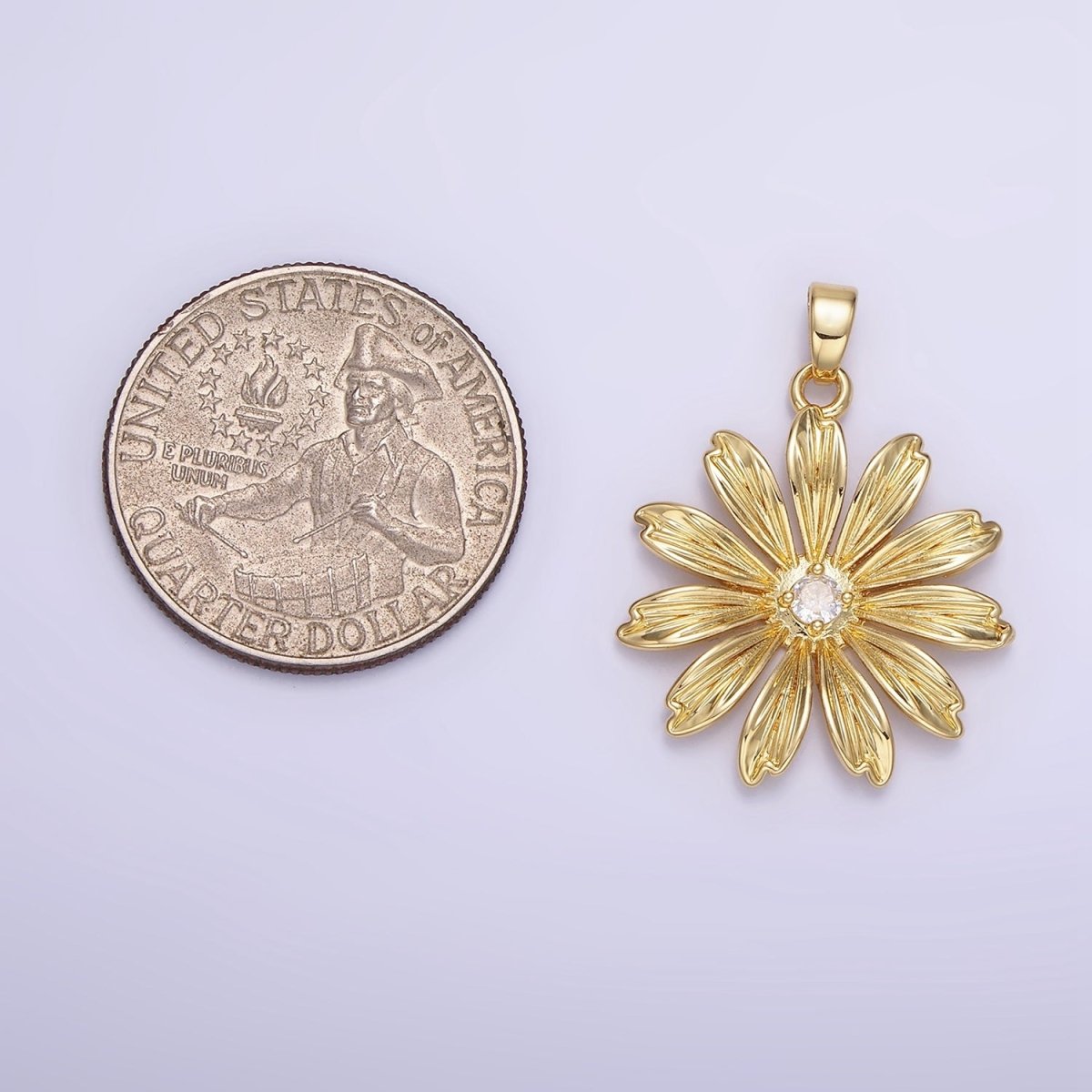 14K Gold Filled 30mm Clear CZ Lined Sunflower Nature Pendant | AH146