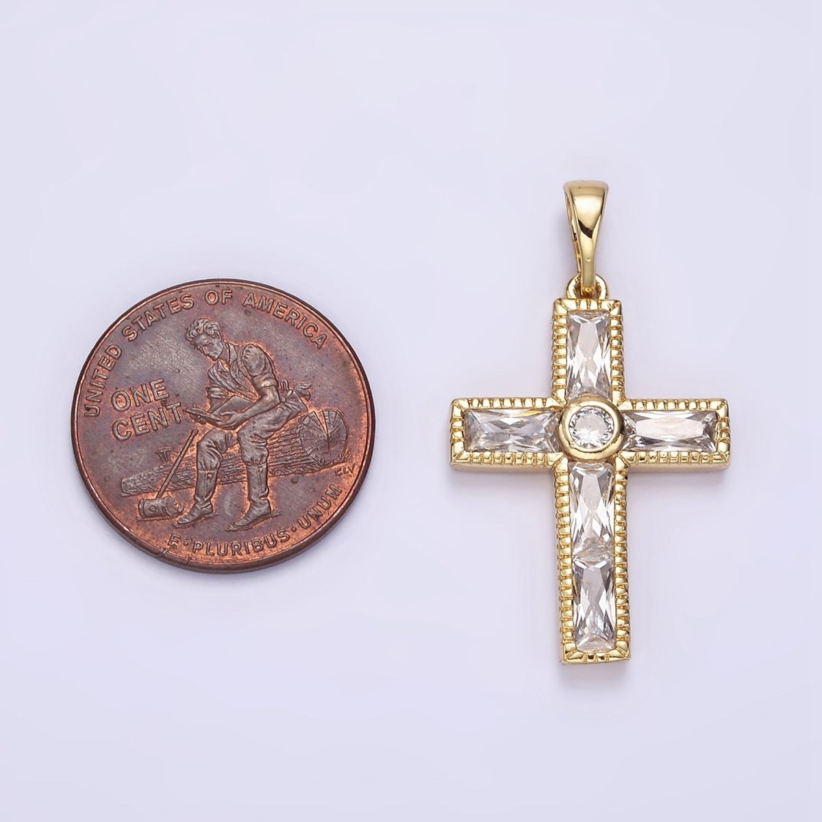14K Gold Filled 30mm Clear CZ Round Baguette Lined Textured Pendant | AA725