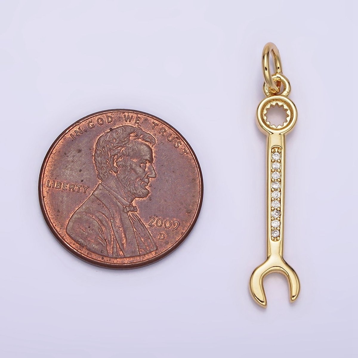 14K Gold Filled 30mm Clear Micro Paved CZ Combination Wrench Construction Tool Charm | N1102