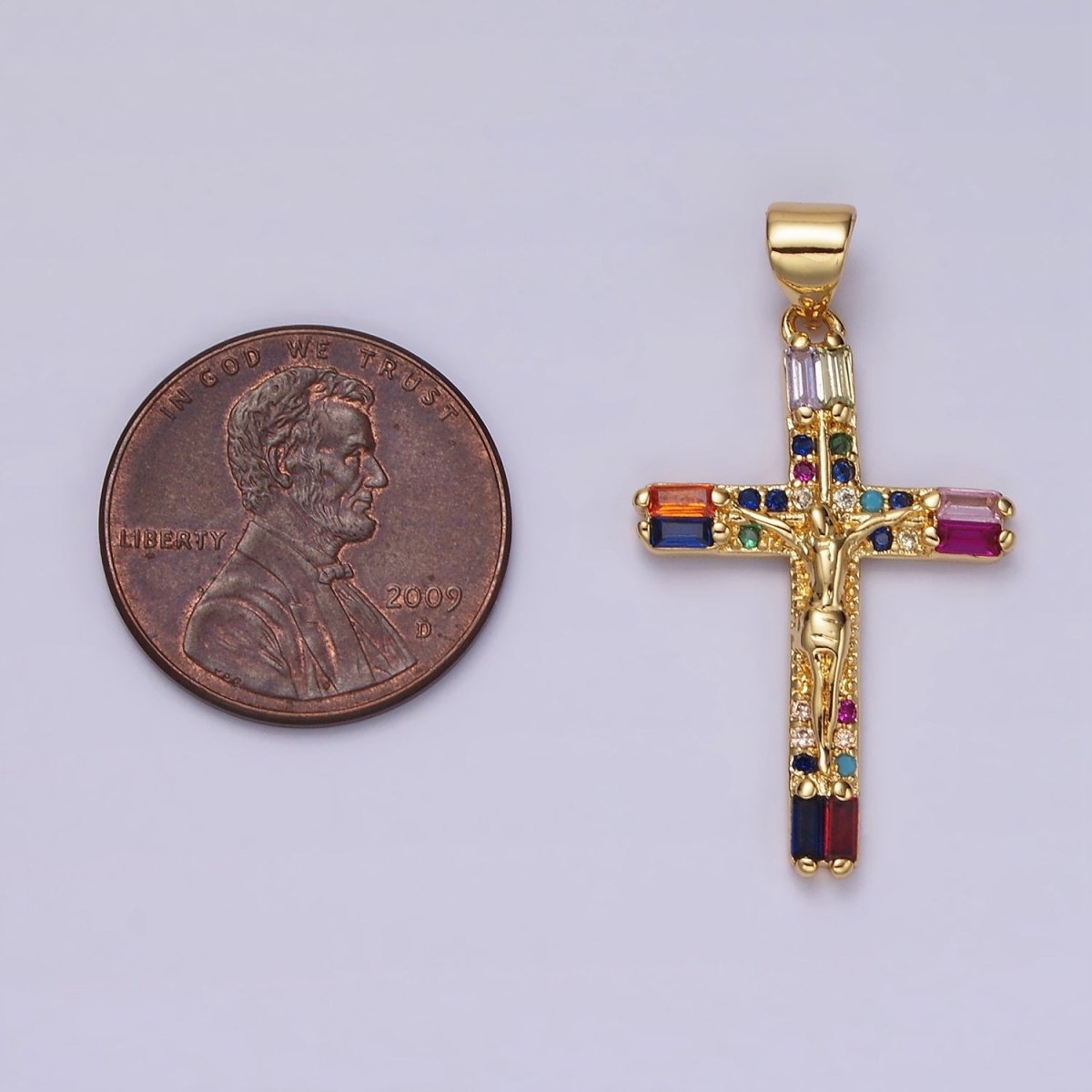 14K Gold Filled 30mm Multicolor Baguette Micro Paved CZ Crucifix Cross Pendant | AH048