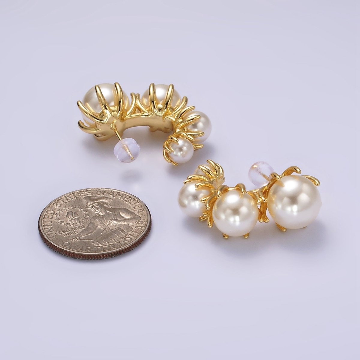 14K Gold Filled 30mm Pearl Curved Lined J-Shaped Hoop Earrings | AE195