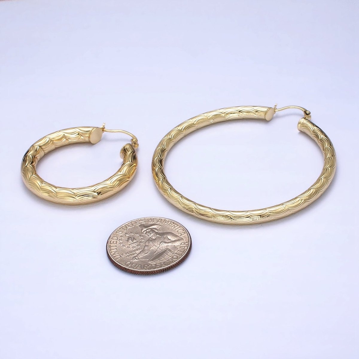 14K Gold Filled 35mm, 45mm, 55mm Cloudy Curved-Line Textured French Lock Latch Hoop Earrings | AE014 - AE016