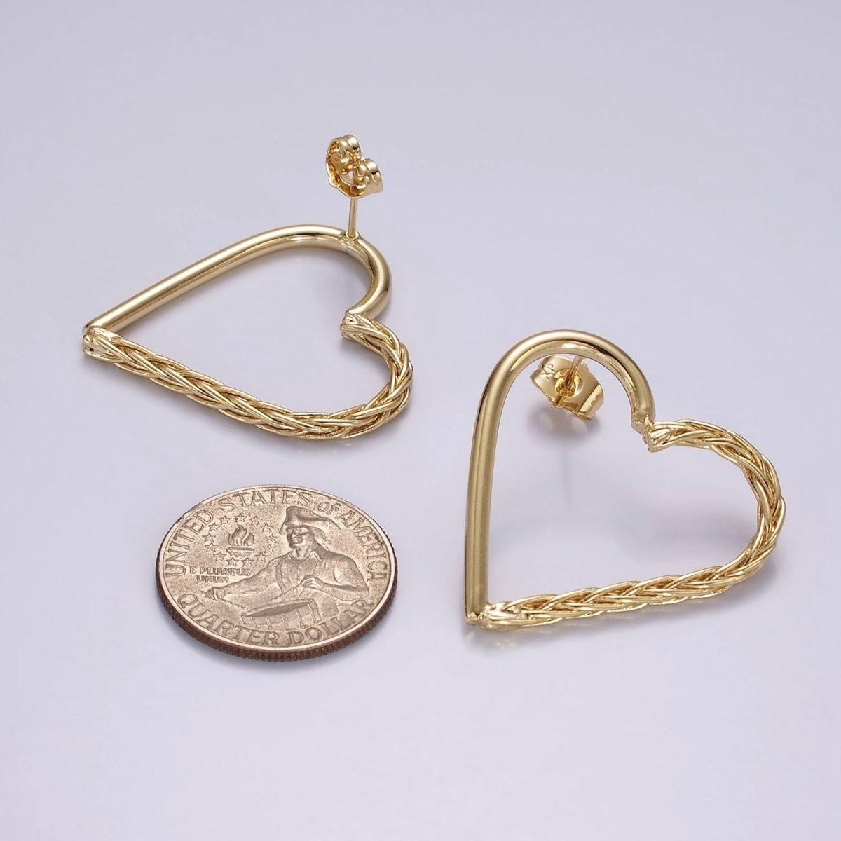 14K Gold Filled 35mm Open Braided Foxtail Band Heart Minimalist Stud Earrings Set | AE399