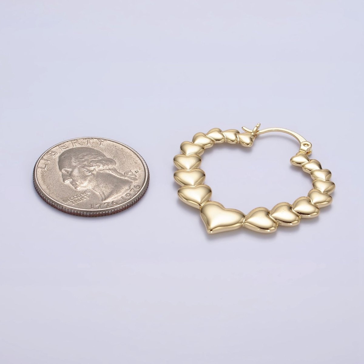 14K Gold Filled 35mm Puffed Heart Lined French Lock Latch Hoop Earrings | AE728