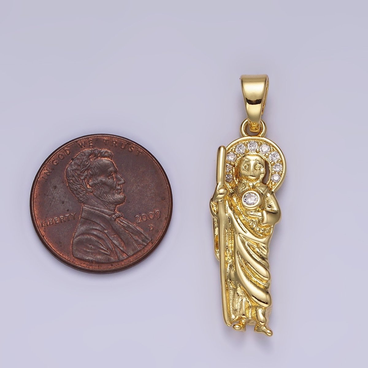 14K Gold Filled 36mm Saint Jude Religious Clear Micro Paved CZ Pendant | N1312