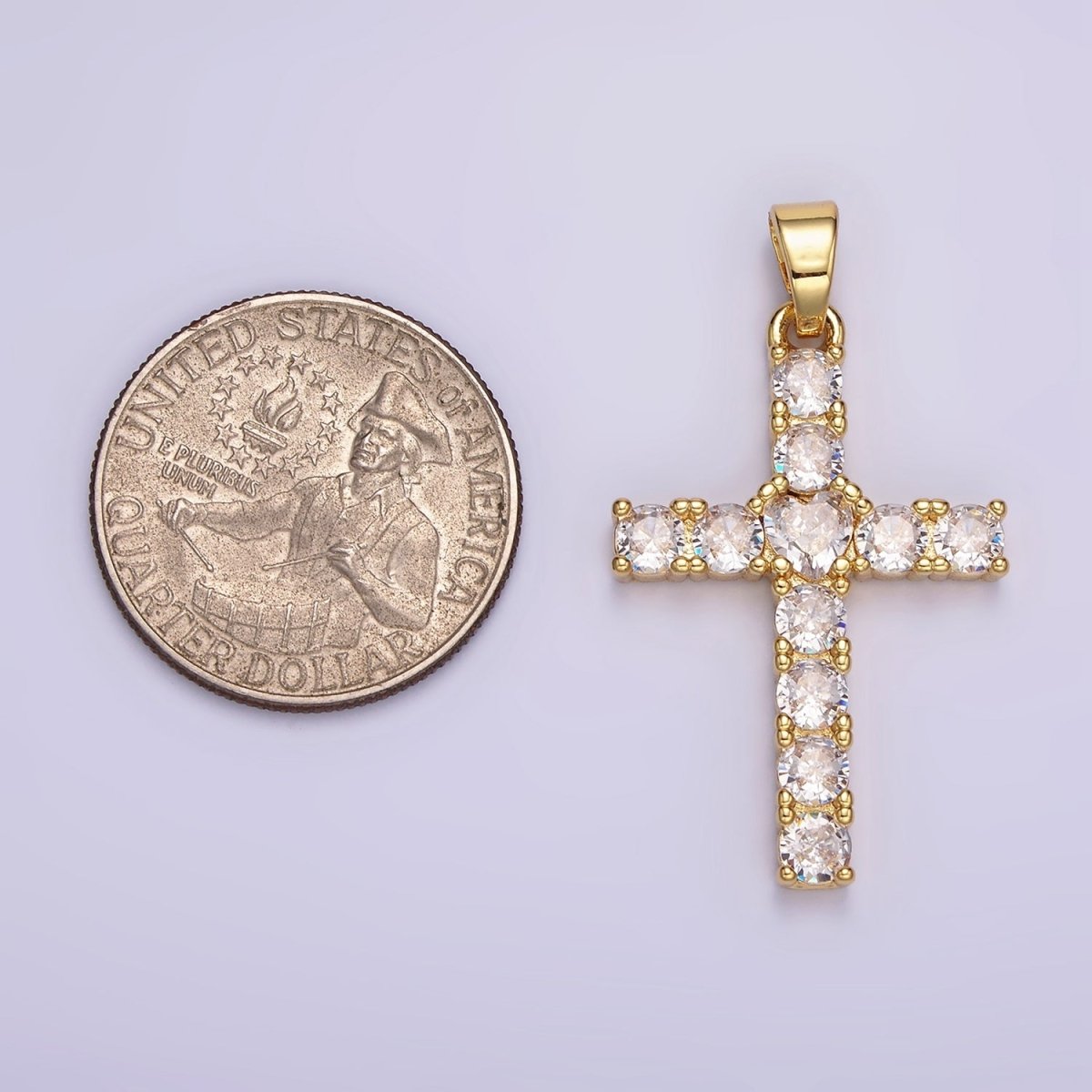 14K Gold Filled 40mm Clear Round CZ Lined Religious Cross Pendant | N1287
