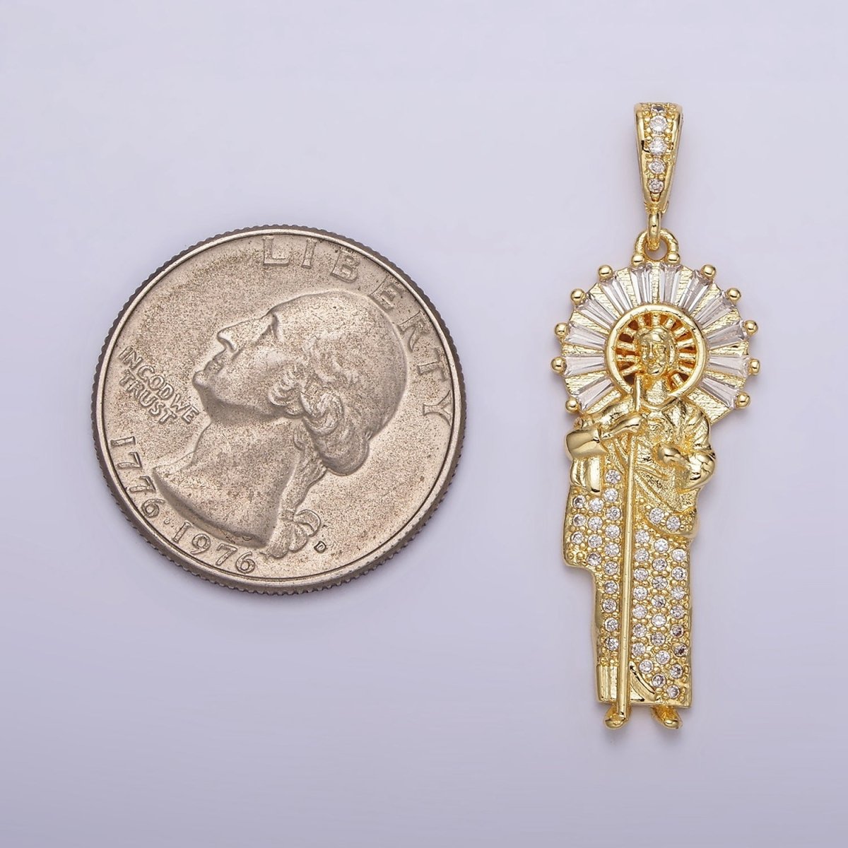 14K Gold Filled 40mm Saint Jude Clear Baguette Micro Paved CZ Bail Pendant | AA609