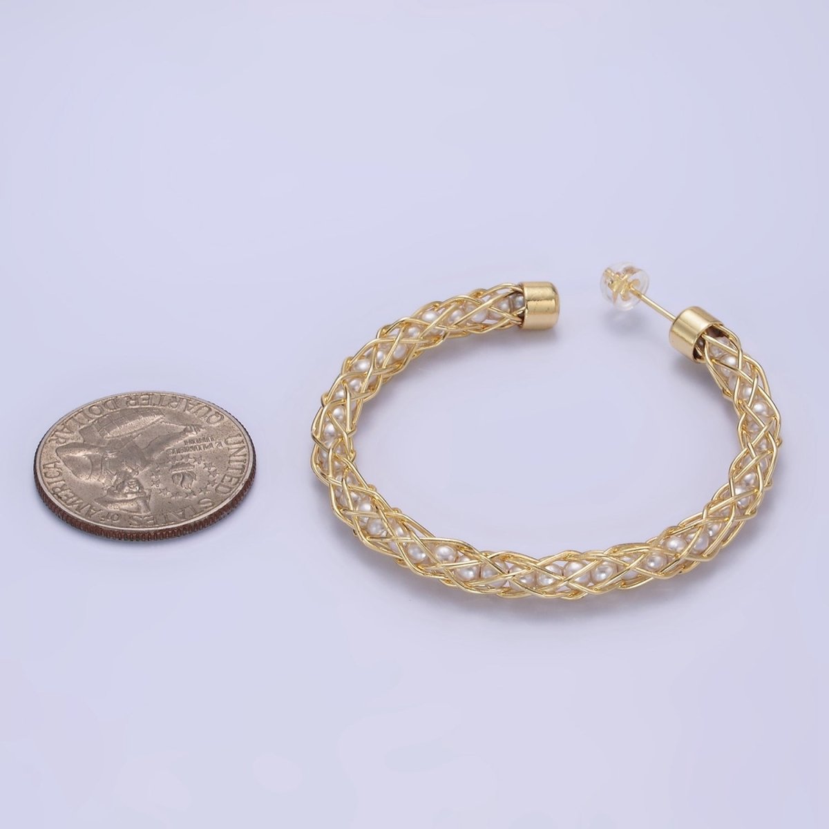 14K Gold Filled 50mm Pearl Lined Wire Intertwined C-Shaped Hoop Earrings | AE518