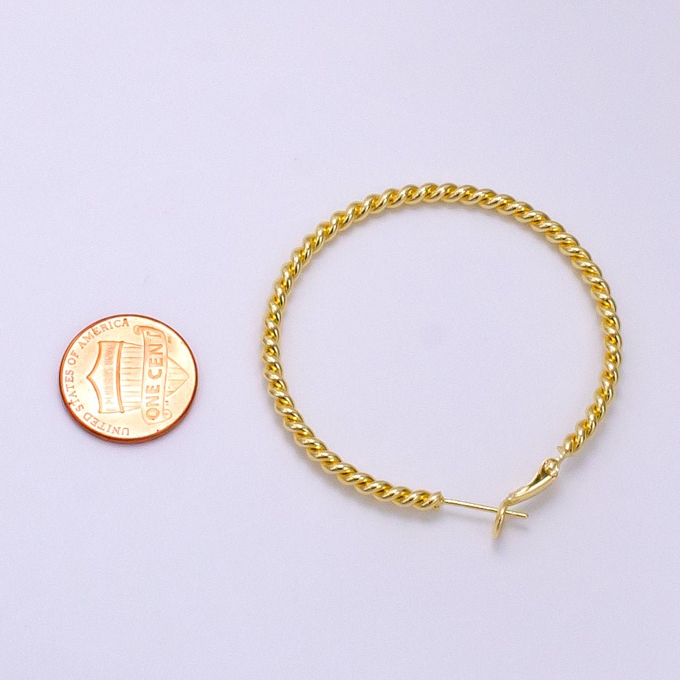 14K Gold Filled 50mm Rope Twist Hinge Minimalist Hoop Earrings | AE532