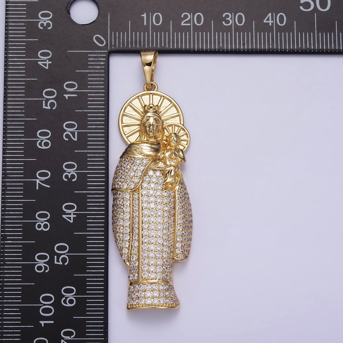14K Gold Filled 65mm Double Sunburst Lady Guadalupe Clear Micro Paved Pendant | AA648