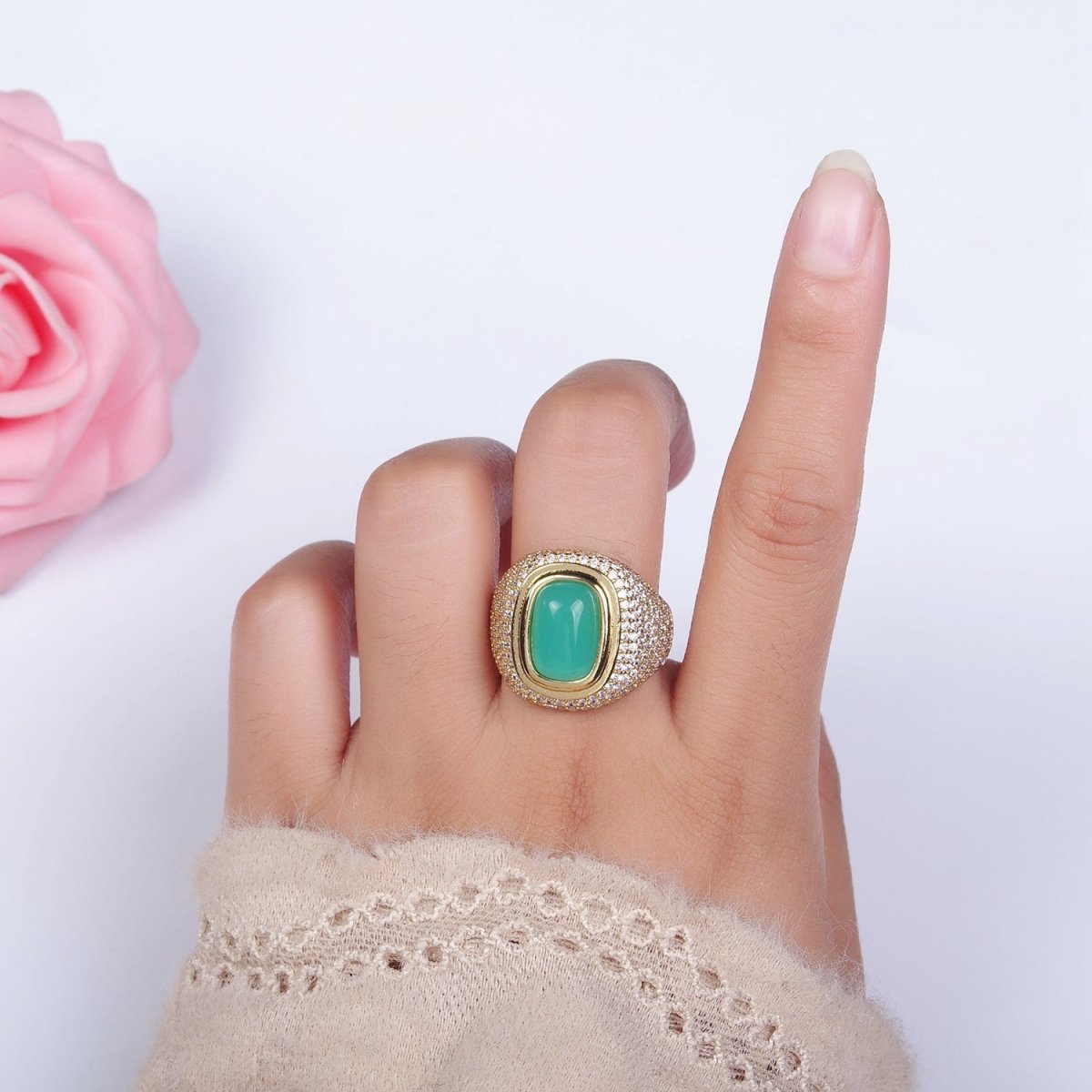 14K Gold Filled Amazonite Gemstone Clear Micro Paved CZ Wide Signet Ring | O1095