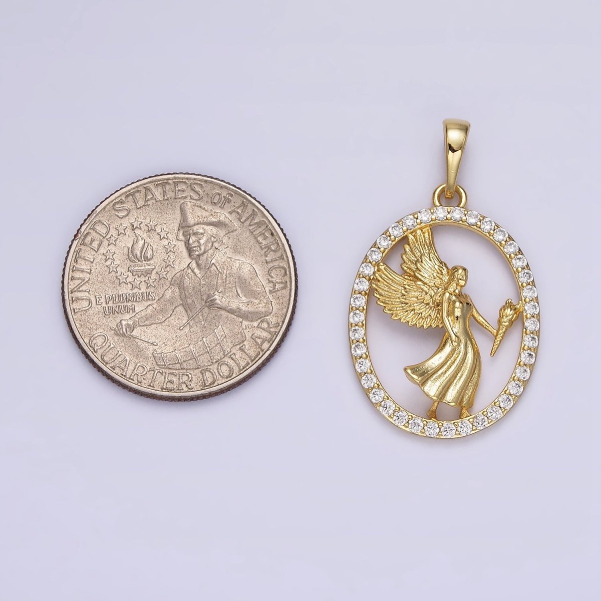 14K Gold Filled Angel Feather Torch Open Micro Paved CZ Oval Pendant | AA652