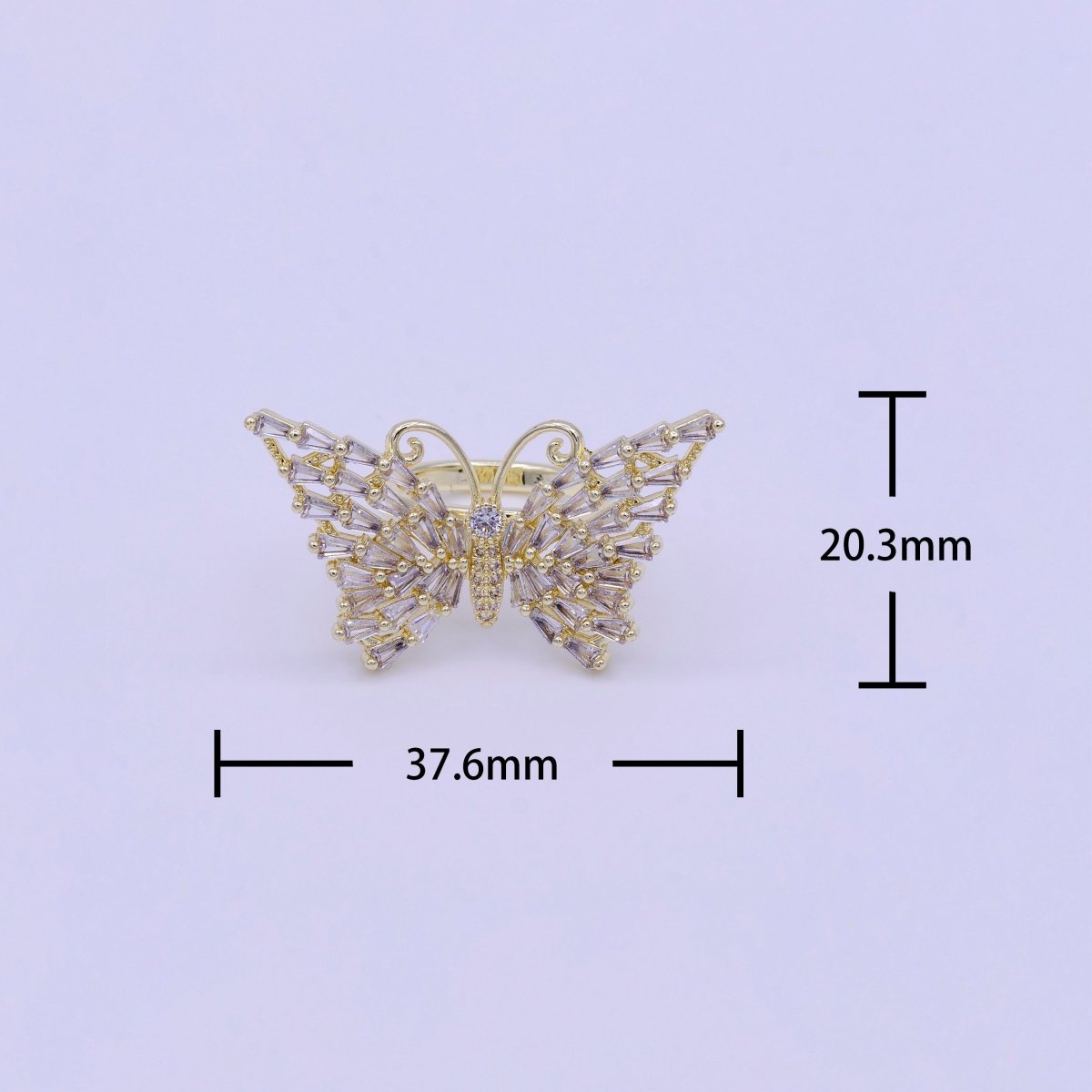 14K Gold Filled Antenna Butterfly Clear Triangle CZ Wings Adjustable Ring | O-007