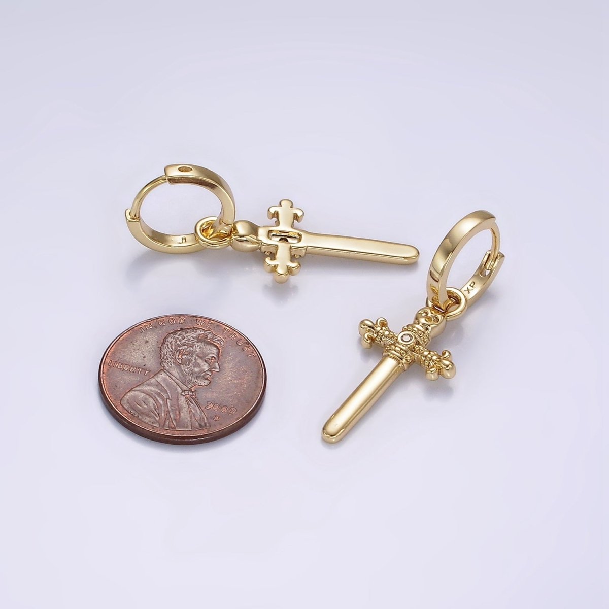 14K Gold Filled Artisan Fleury Cross Sword CZ Drop Huggie Earrings | AE934