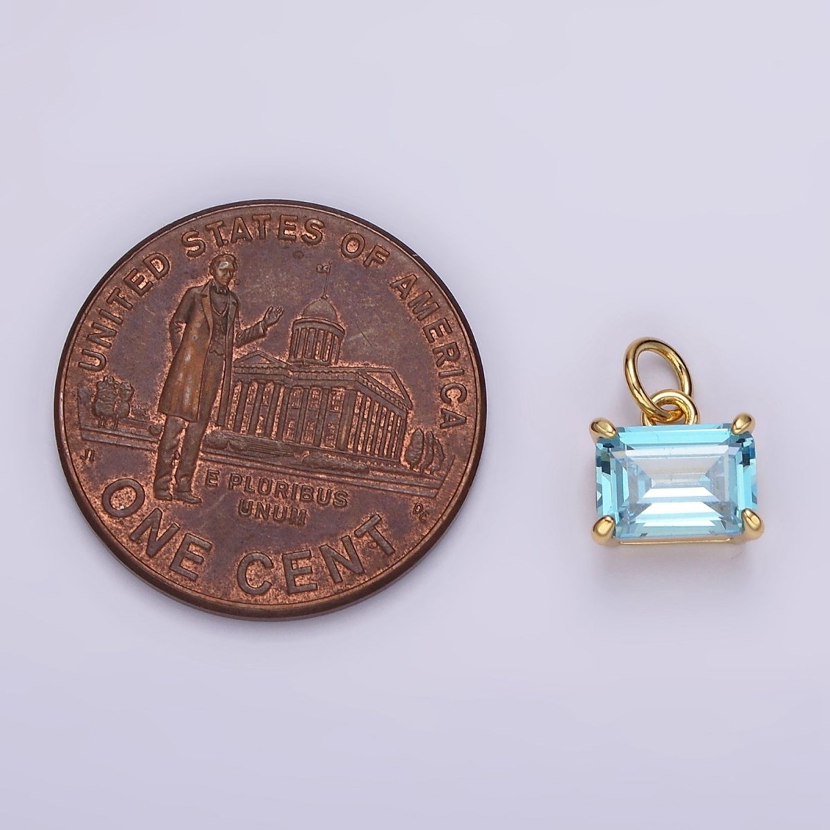 14K Gold Filled Natural Baby Blue Baguette CZ Oval Bezel Minimalist Charm | AG562