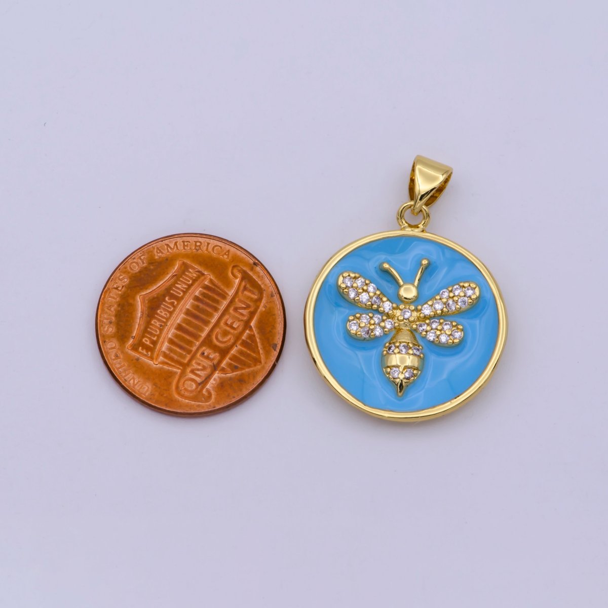14K Gold Filled Blue Enamel Bumble Queen Bee Micro Paved CZ Round Pendant | N-1432