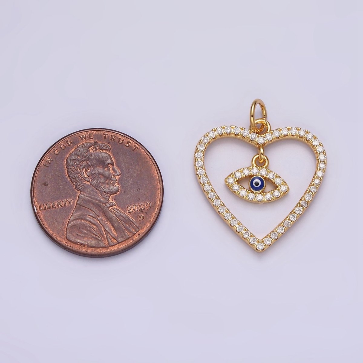 14K Gold Filled Blue Enamel Evil Eye Drop Open Heart Micro Paved CZ Charm | AC1411