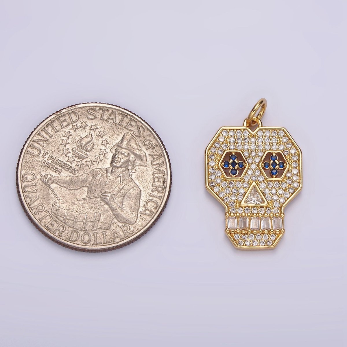 14K Gold Filled Blue-Eyed Skeleton Skull Clear Micro Paved CZ Charm | N1536