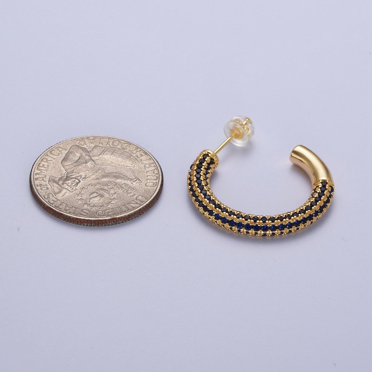 14K Gold Filled Blue Micro Paved CZ C Shaped Hoop Studs | AD-106