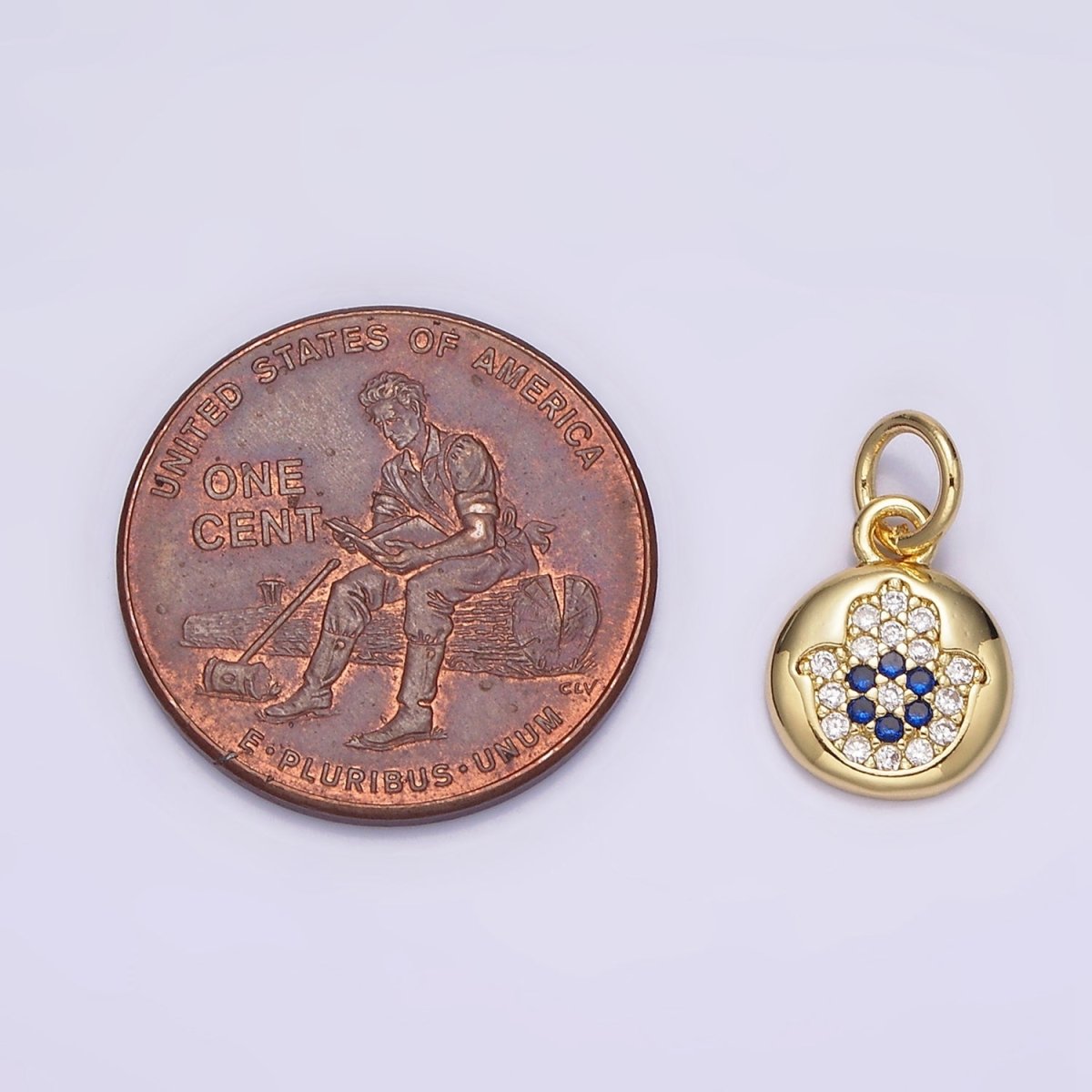 14K Gold Filled Blue Micro Paved CZ Evil Eye Hamsa Hand Round Add-On Charm | N983
