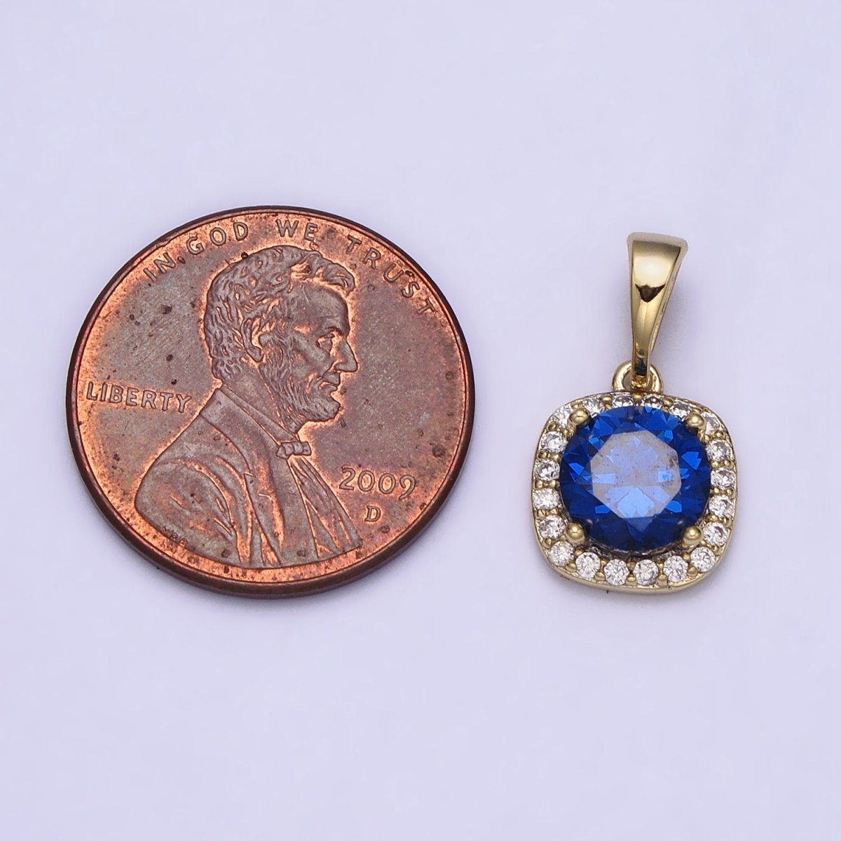 14K Gold Filled Blue Sapphire Round CZ Micro Paved Square Pendant | AA046
