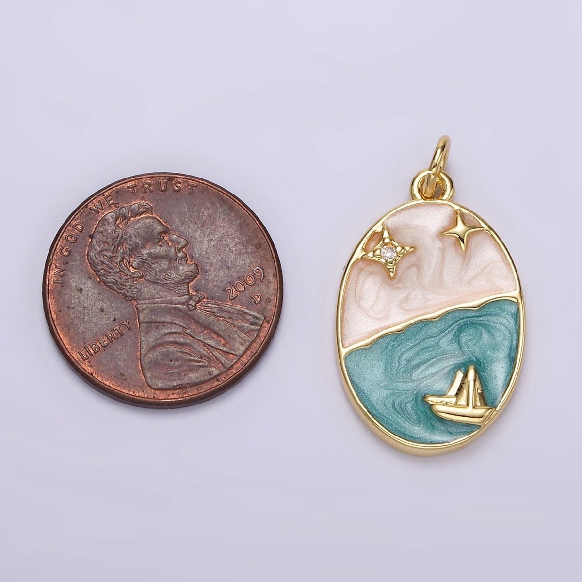 OS 14K Gold Filled Boat Ocean Celestial Star Night Sky Sparkly Enamel Oval Charm | N1150