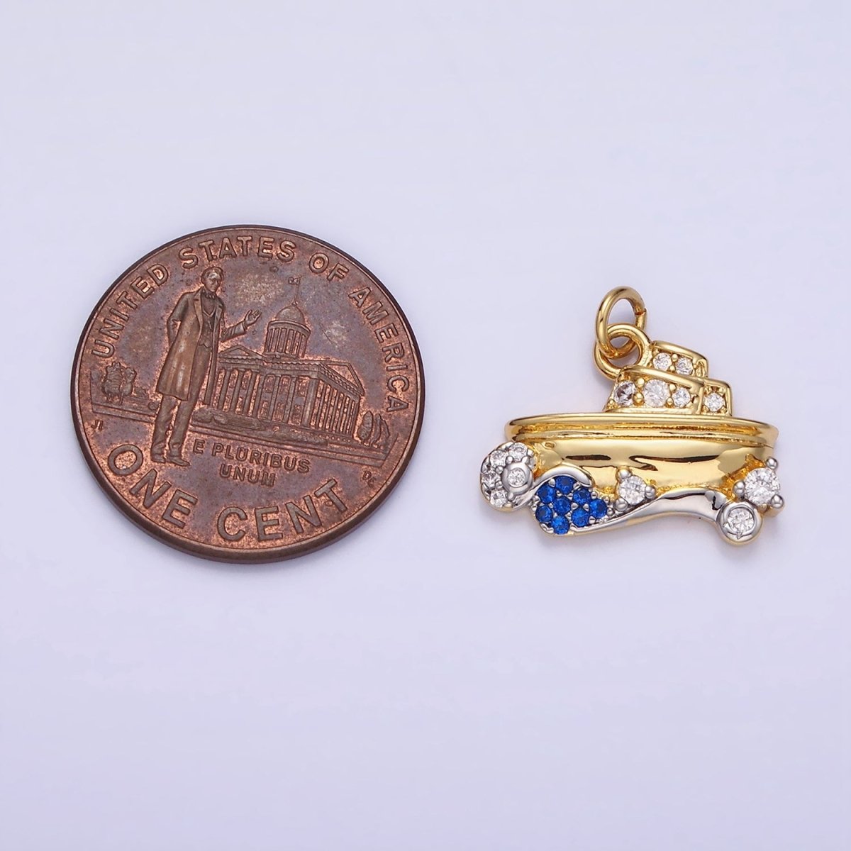 14K Gold Filled Boat Ocean Water CZ Micro Paved Mixed Metal Charm | AG632