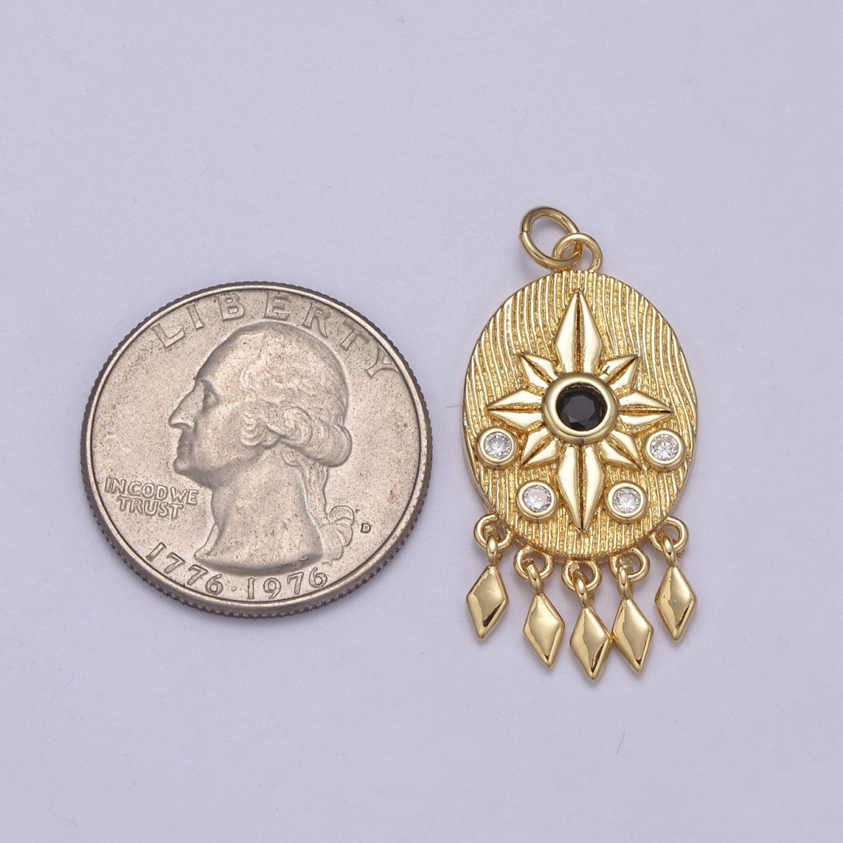 14K Gold Filled Bohemian Lotus Charm With Black Cz Stone Dangle Pendant for Necklace N-350