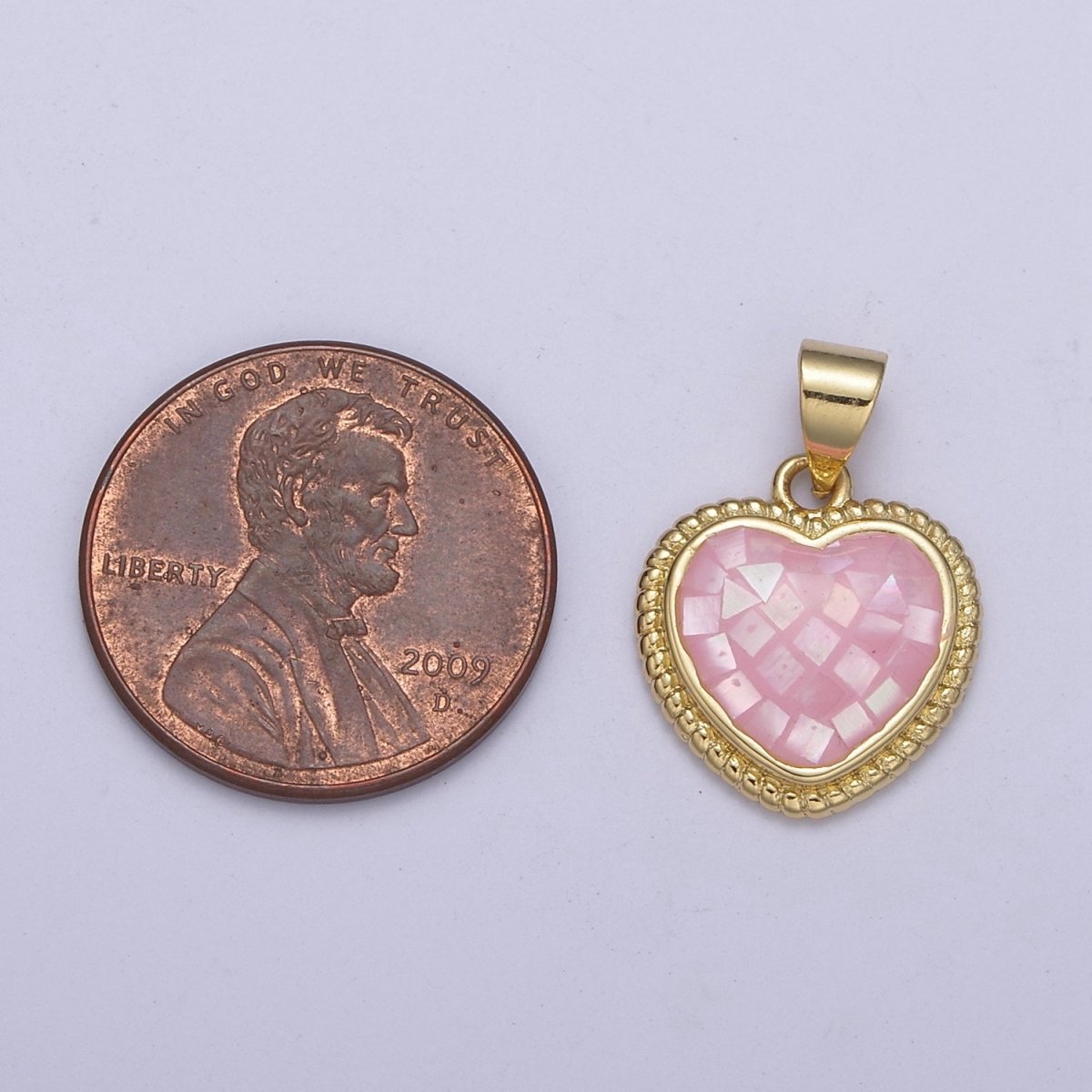 14K Gold Filled Braided Pink Heart Opal Shell Pendant H-223