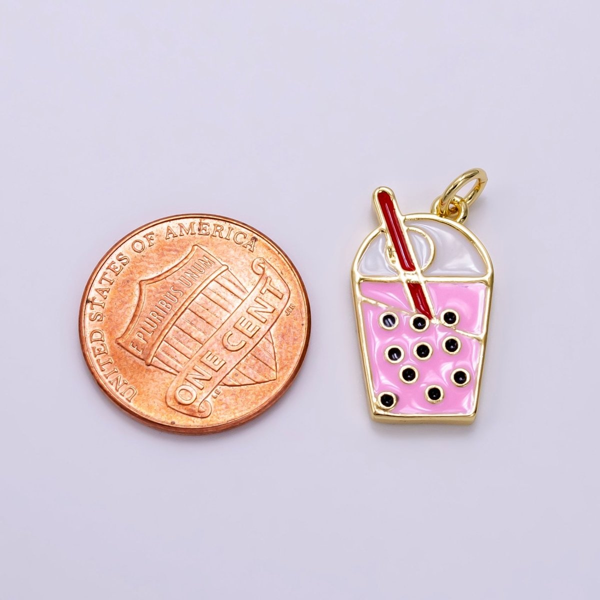 14K Gold Filled Bubble Boba Drink Pink Enamel Charm | AG755