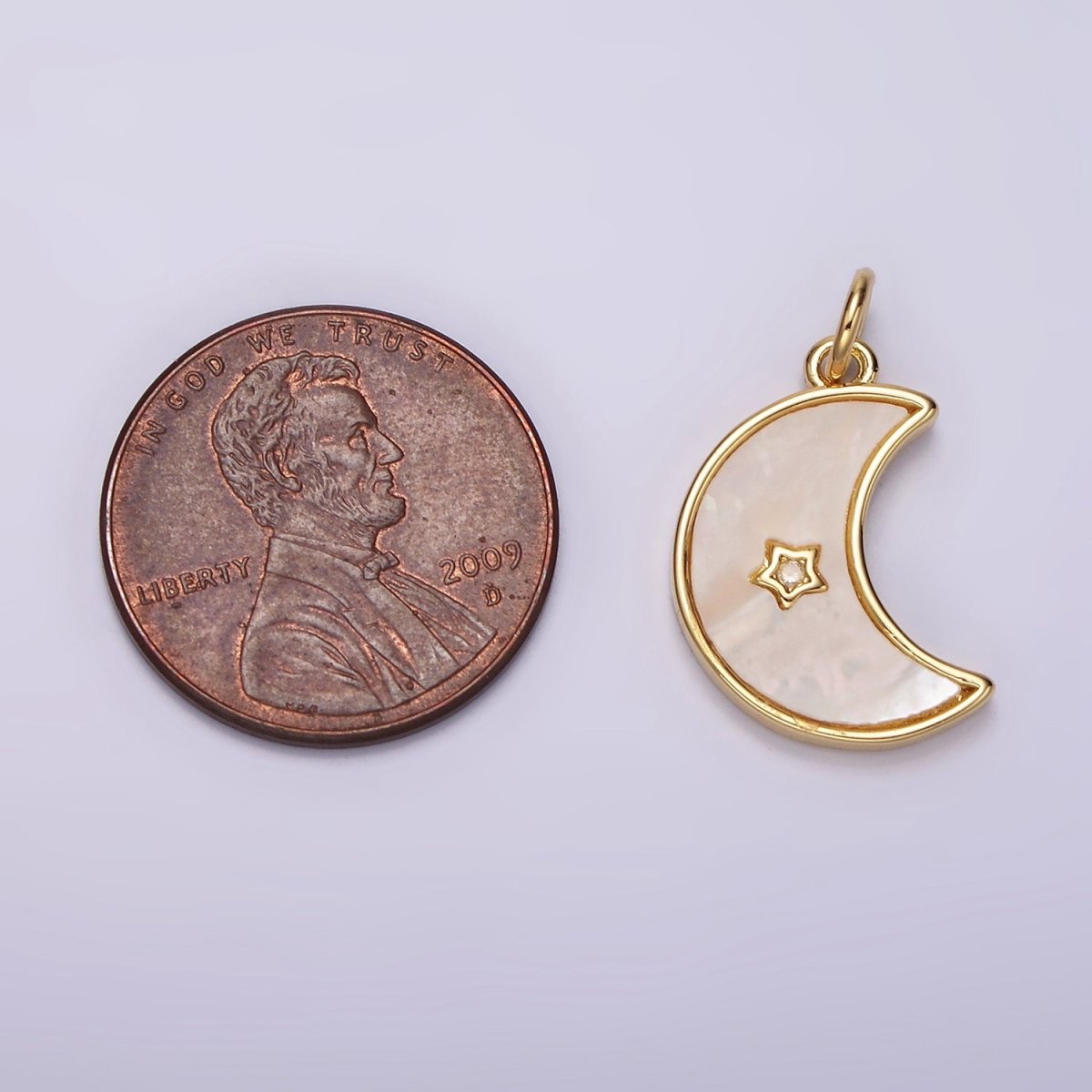 14K Gold Filled Celestial Crescent Moon Star CZ Shell Pearl Bezel Charm | AC911