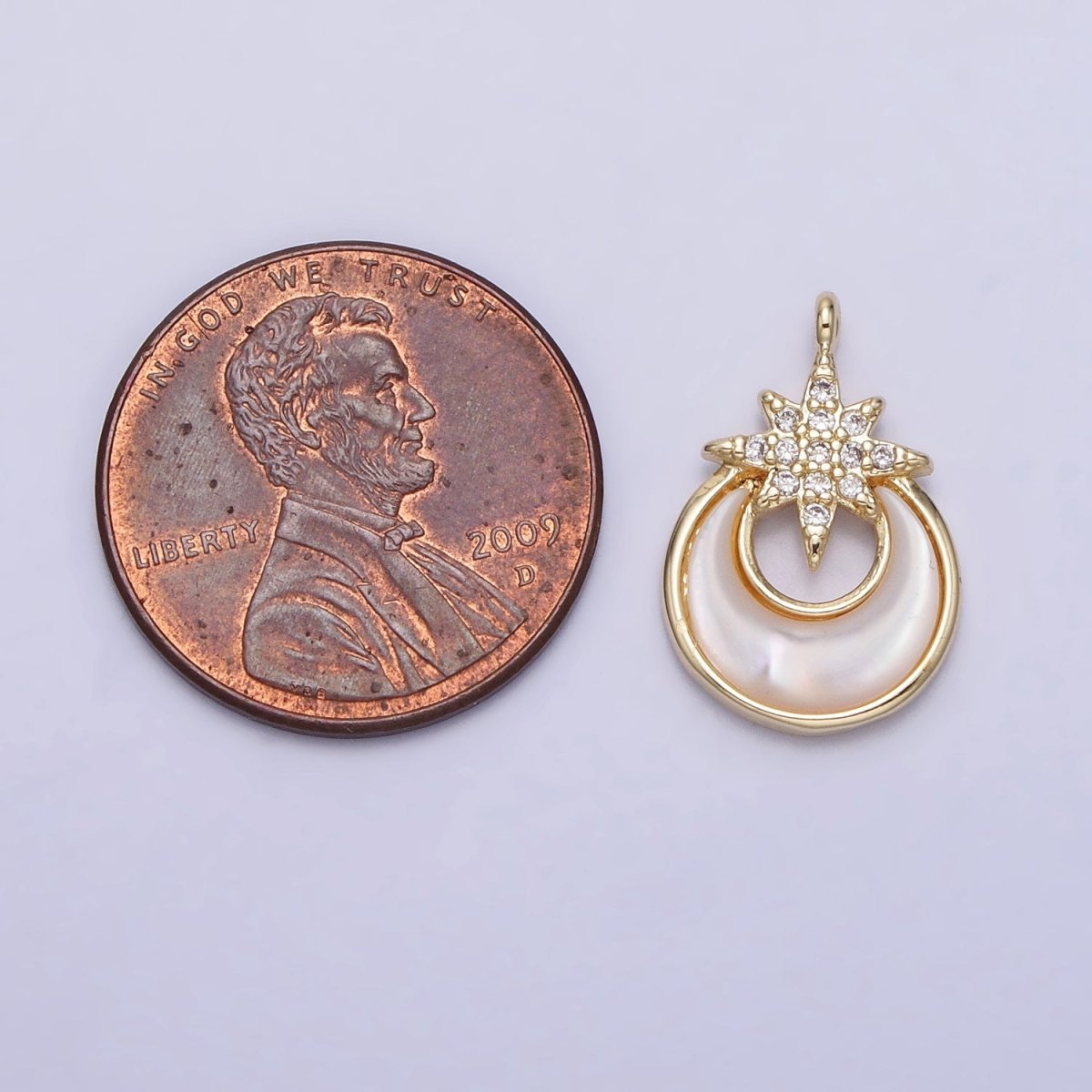 14K Gold Filled Celestial North Star Crescent Moon Shell Pearl Charm | AC1049